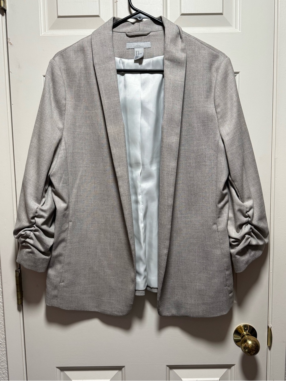 H&M Beige Woven Blazer Ruched Gathered 3/4th Sleeve Jacket Size L Office Ready
